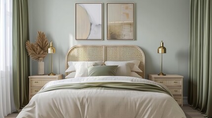 Calm bedroom with a beige bed, rattan headboard, and olive curtains Abstract art and brass lamps harmonize with the light oak furniture