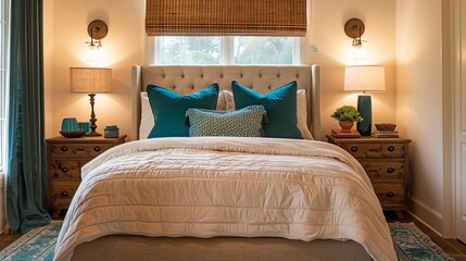 Cozy bedroom with a beige upholstered bed, teal throw pillows, and a walnut dresser Soft lighting from wall sconces enhances the relaxing Feng Shui vibe