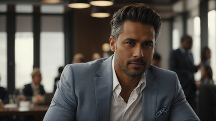 Fototapeta premium A man with a styled beard and dark hair, wearing a blue blazer over a white shirt, sits at a table in what appears to be an upscale restaurant or bar. He is looking slightly off-camera with a serious 