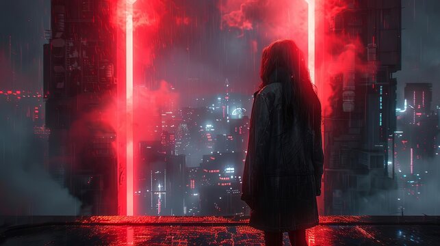 Explore a cyberpunk realm with digital art approach, featuring drastic viewpoints and surprising camera placements to evoke futuristic unease