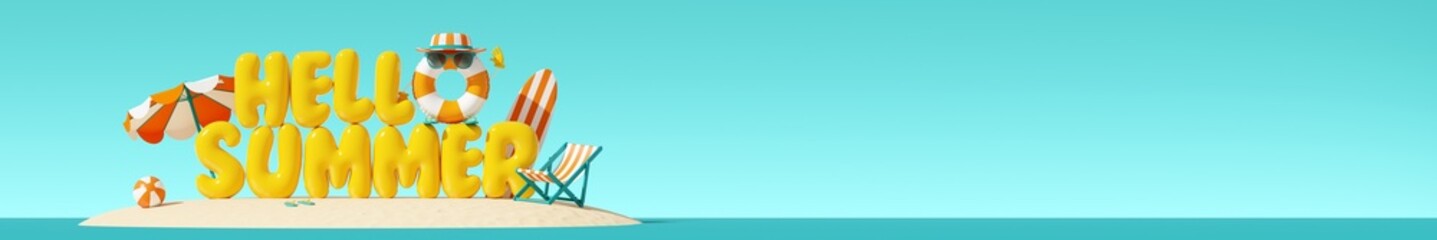 Funny character from inflatable swim ring and Hello summer is written in inflatable yellow letters on sandy island. Tropical scene with beach items. Ultra wide banner. 3D illustration.