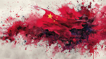 Vibrant Chinese Flag and Traditional Architecture in Artistic Splatter Style