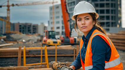 Portrait of a construction worker wearing hard hat and vest with a construction site in the background - obrazy, fototapety, plakaty
