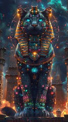 Illustrate a digital painting of a cybernetic sphinx guarding a labyrinthine maze, its intricate circuitry glowing against a backdrop of shimmering auroras - obrazy, fototapety, plakaty