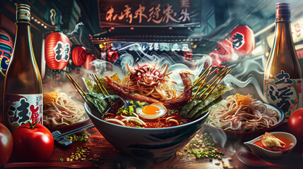 realistic photography of spicy ramen menu black bowl red chopsticks, with various kinds of typical Japanese toppings, simple package, - obrazy, fototapety, plakaty
