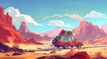 An accident is shown with a broken car on a desert road, with luggage on its roof and smoke coming from the open hood of the car in a modern cartoon illustration.