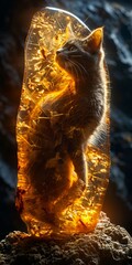 A cat sitting on top of a rock with a glowing light. - obrazy, fototapety, plakaty