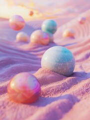 A scene with colorful balls in the desert. - obrazy, fototapety, plakaty