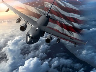 A military jet flying over the clouds with an american flag. - obrazy, fototapety, plakaty