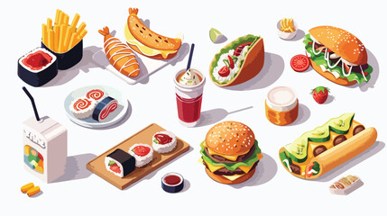 Fast food. Isometric fast food icons burger sushi rol