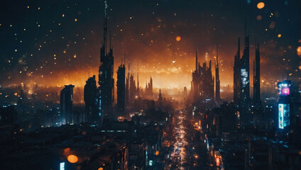 Dystopian Future, Futuristic cityscape with a dark, post-apocalyptic tone.