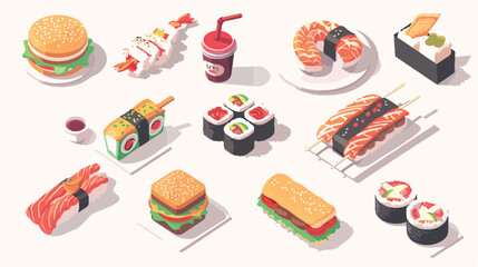 Fast food. Isometric fast food icons burger sushi rol