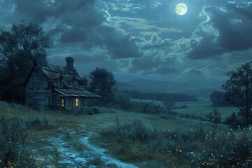 Illustrate a wide-angle view of an idyllic countryside bathed in moonlight - obrazy, fototapety, plakaty
