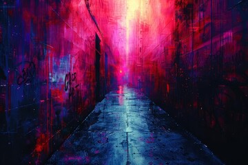 Illustrate an abandoned alleyway with looming shadows and graffiti, symbolizing the subconscious fears of society, rendered in watercolor for a raw, emotional impact - obrazy, fototapety, plakaty