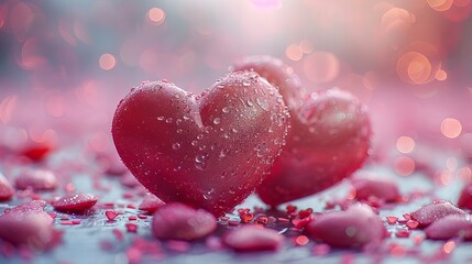 Two pink hearts on a table with bokeh. - obrazy, fototapety, plakaty