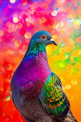 A colorful pigeon standing on a rainbow background. - obrazy, fototapety, plakaty