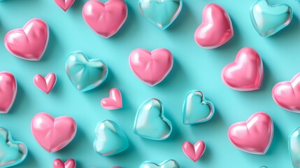 A background of pink and blue hearts on a blue background. - obrazy, fototapety, plakaty