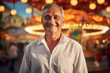 Obraz premium Portrait of a glad man in his 60s wearing a classic white shirt in vibrant amusement park