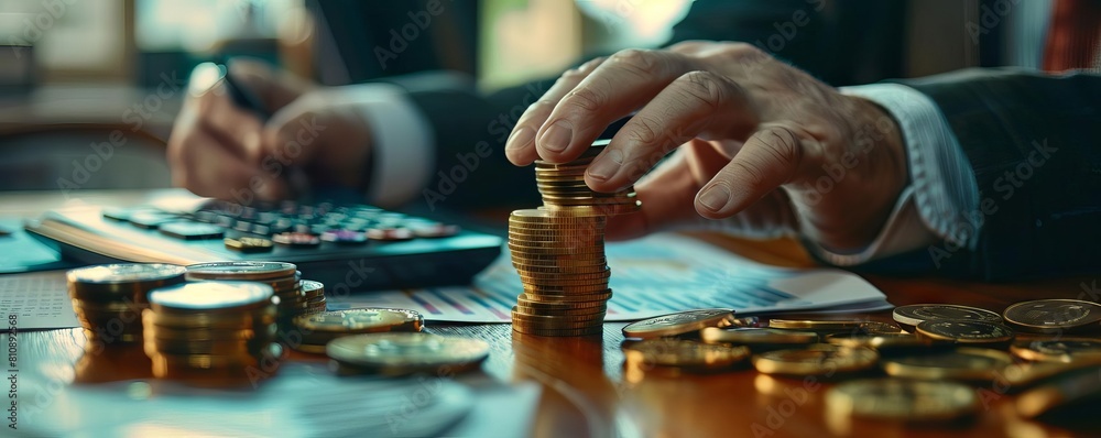 Poster A businessman hand is captured in the act of retrieving a stack of coins from a table strewn with documents and a calculator, a scene depicting financial diligence