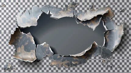 Cut, rip, and ragged edge metal rips on steel sheet with curly edges and ragged cracks, isolated on transparent background. 3D illustration, clip art with ripped slash and gun aperture.