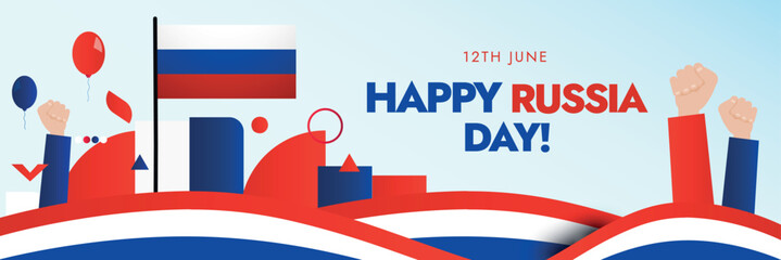 Happy Russia Day. Russian Independence day 12th June. Russia Day celebration social media cover or banner with modern curve elements, Russian flag, balloons, hand wrist in blue and red colours.