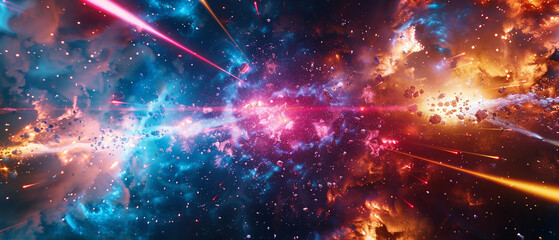 Intense sci-fi battle scene in space featuring laser beams, explosions, and epic warfare action.