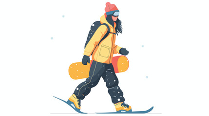 Female snowboarder walking with snowboard in hand. 