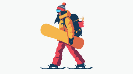 Female snowboarder walking with snowboard in hand. Pe