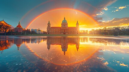 Stunning Sunset Over St. Mary's Basilica in Kraków, Featuring a Vibrant Rainbow and Reflective...