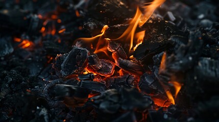 A close up of black coal with flames.