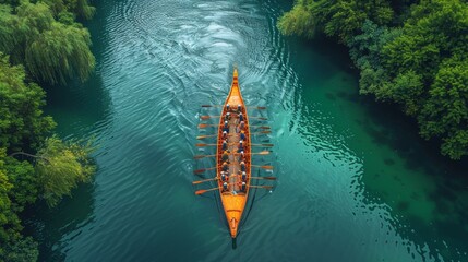 Aerial View of a Dragon Boat Team Racing Through a Green Lake Surrounded by Lush Trees