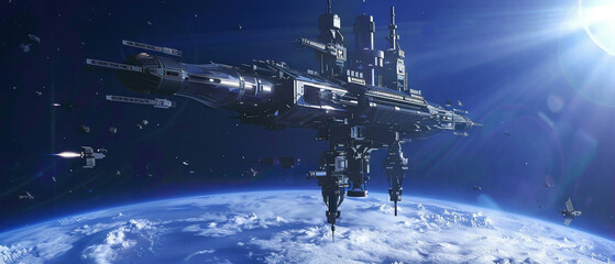 Futuristic space station floats in orbit around a distant planet in a galaxy far away.