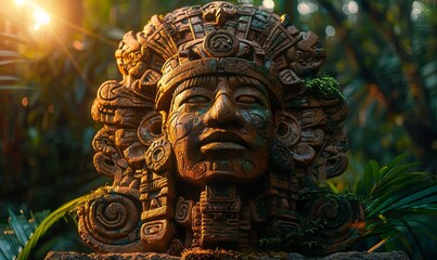 A statue of an ancient mayan god in the jungle.