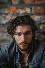 Obraz premium Young man with glass of whiskey near brick wall indoors