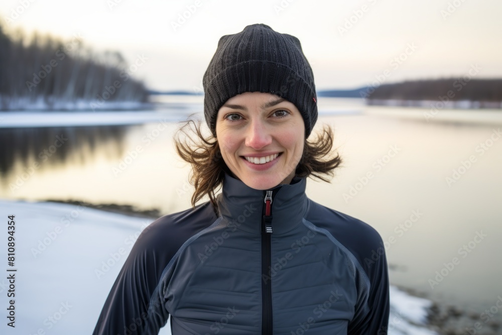 Wall mural Portrait of a satisfied woman in her 30s sporting a breathable mesh jersey on backdrop of a frozen winter lake - Wall murals