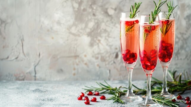 Pomegranate Champagne Mimosa Mocktail garnished with rosemary set against a concrete backdrop with space for text A delightful choice for Valentine s Day or any festive occasion