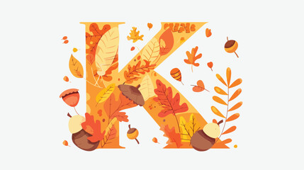 Flat style font with autumn leaves and acorns. Orange