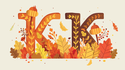 Flat style font with autumn leaves and acorns. Orange