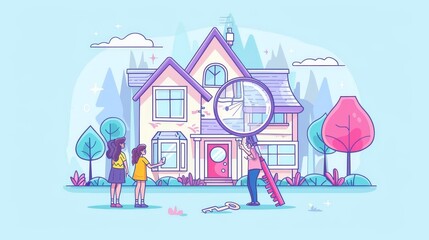 A perfect home of your dreams landing page. A close-up shot of an agent showing a cottage to a couple with a magnifying glass. People select a home, mortgage, and line art flat modern web banner.
