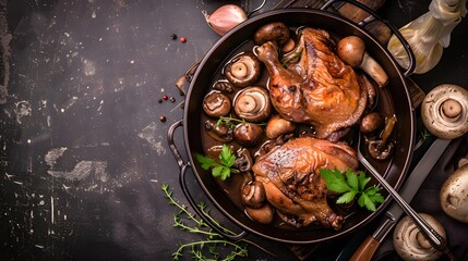 Coq au Vin, a traditional French dish made with chicken, mushrooms, and red wine