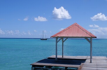 tropical beach in in Saint-François. Guadeloupe, West Indies. With few palm trees and blue lagoon