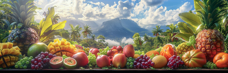 Various tropical fruits with tropical forrest background for web template and banner.
