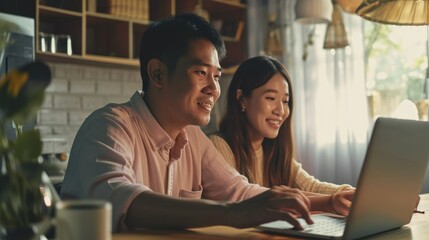 Fototapeta premium Man and woman sitting in front of a laptop computer, working or browsing together. Fictional Character Created By Generative AI. 