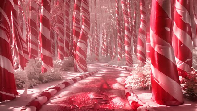 3D candy cane forest with sugar dusted paths and peppermint trees