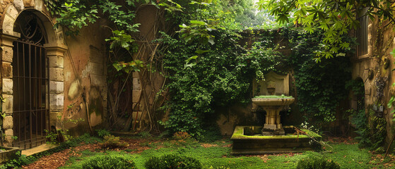 An enchanting secret garden adorned with overgrown ivy and a hidden fountain in bloom.