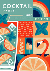 Retro flat summer disco party poster with summer attributes. Mojito cocktail , flamingo, ice cream, rainbow and orange. Vector illustration