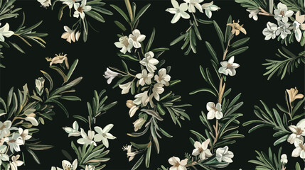 Floral seamless pattern with blooming rosemary on bla