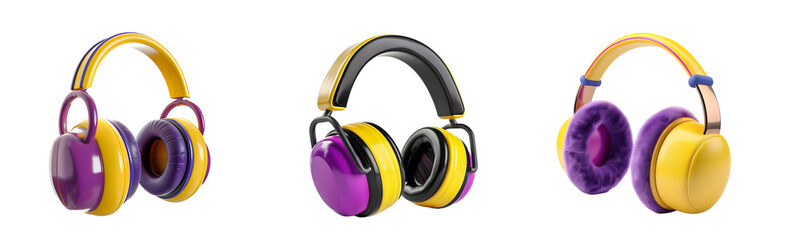 Bundle of purple yellow Headphone Isolated on transparent background, png