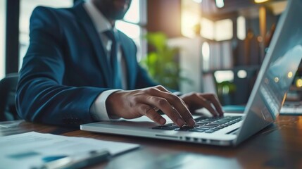 Close-up of the businessman shows working with his laptop