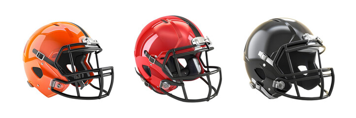 Fototapeta premium Bundle of Orange Red black cricket helmet Isolated on transparent background, png